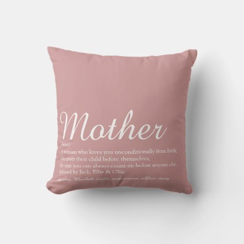 Personalized Mother Mom Definition Dusty Rose Pink Throw Pillow