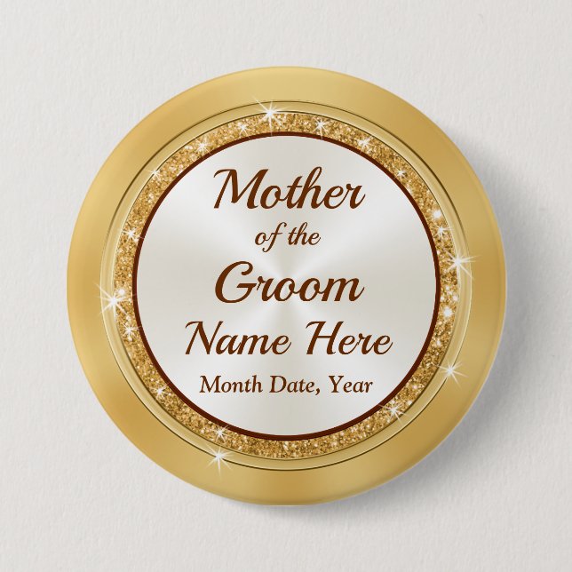 Personalized Mother of the Groom Pin, Gold Theme Button (Front)