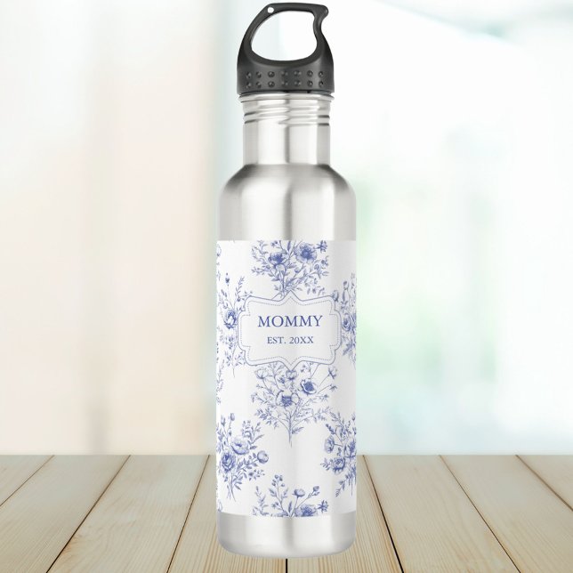 Personalized Mothers Day Blue Flowers Floral Stainless Steel Water Bottle (In situ)