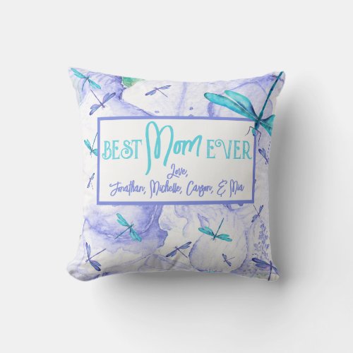 Personalized Mothers Day Blue Turquoise Dragonfly Throw Pillow