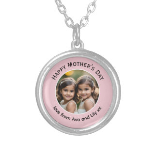 Personalized Mothers Day Photo Pretty Pink Elegant Silver Plated Necklace