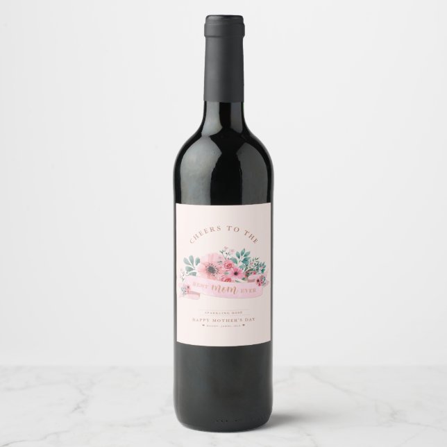 Personalized Mother's Day Pink Watercolour Floral  Wine Label (Front)