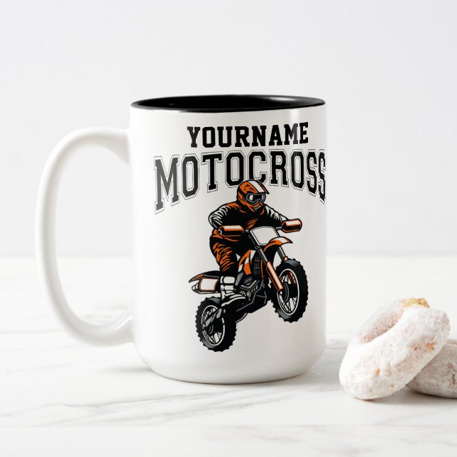 Personalized Motocross Dirt Bike Rider Racing  Two-Tone Coffee Mug (With Donut)