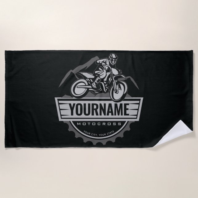 Personalized Motocross Rider Dirt Bike Hill Racing Beach Towel (Front)