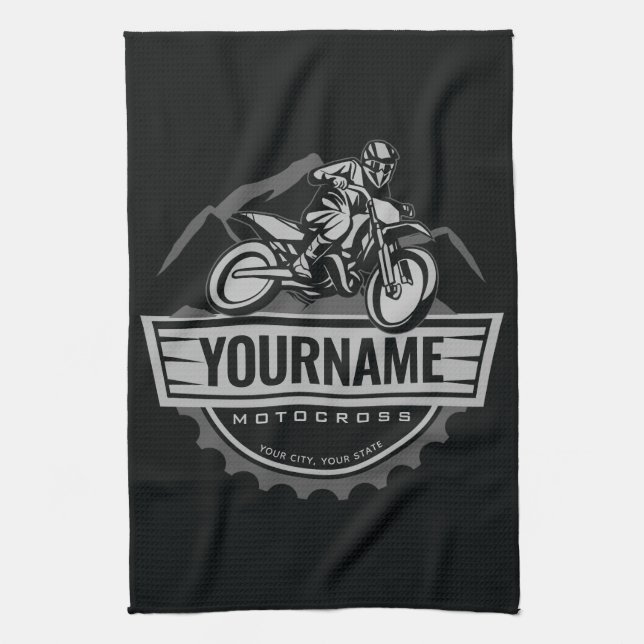 Personalized Motocross Rider Dirt Bike Hill Racing Kitchen Towel (Vertical)
