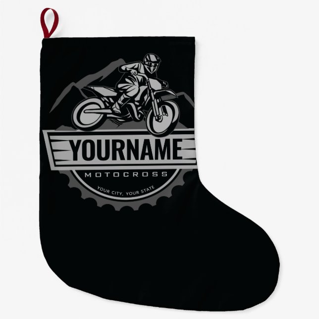 Personalized Motocross Rider Dirt Bike Hill Racing Large Christmas Stocking (Front)