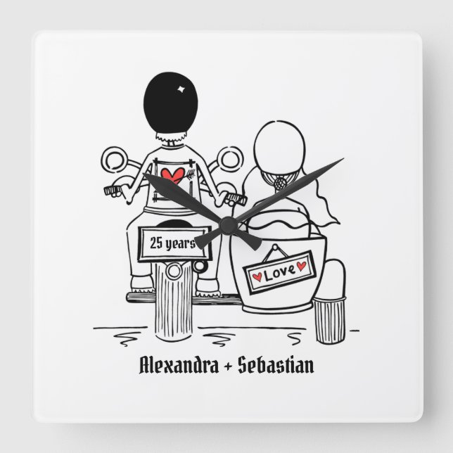 Personalized Motorbike & Sidecar Anniversary Square Wall Clock (Front)
