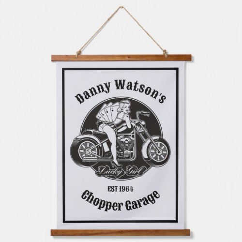 Personalized Motorcycle Babe Chopper Garage Hanging Tapestry