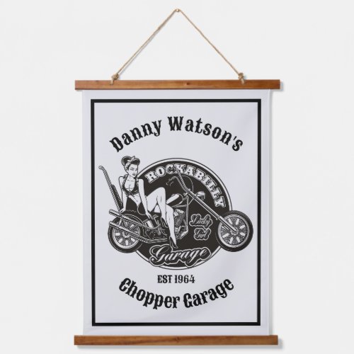 Personalized Motorcycle Babe Chopper Garage Hanging Tapestry