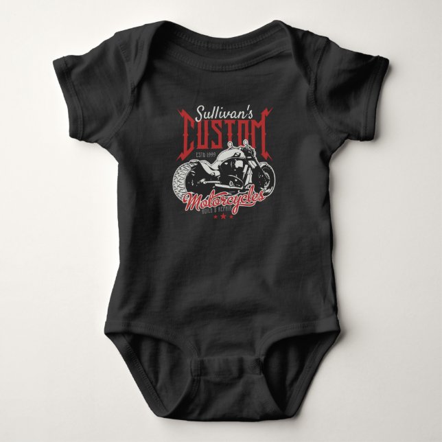 Personalized Motorcycle Big Bad Bike Biker Garage Baby Bodysuit (Front)