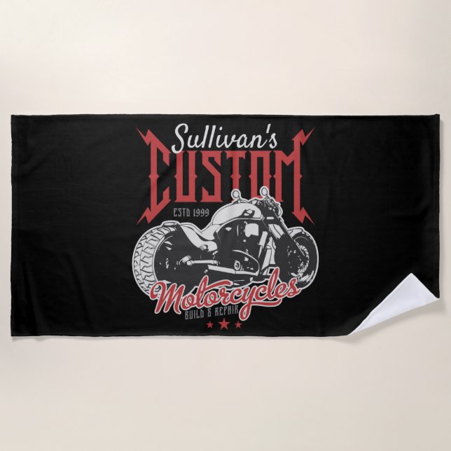 Personalized Motorcycle Big Bad Bike Biker Garage  Beach Towel (Front)
