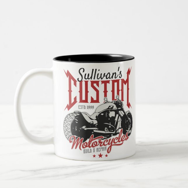 Personalized Motorcycle Big Bad Bike Biker Garage Two-Tone Coffee Mug (Left)