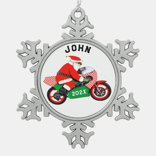 Personalized Motorcycle Christmas Collectible Snowflake Pewter Christmas Ornament (Front)