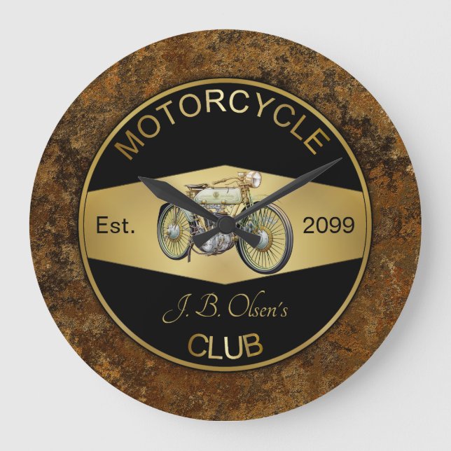 Personalized Motorcycle Club Black & Gold  Large Clock (Front)