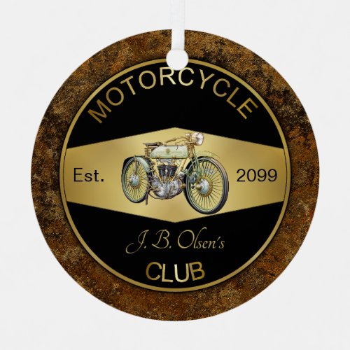 Personalized Motorcycle Club Black  Gold Metal Ornament
