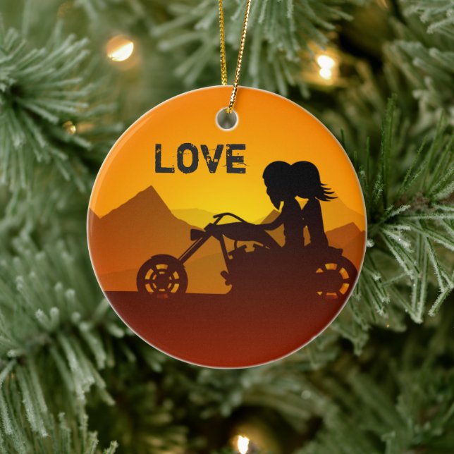 Personalized Motorcycle Couple at Sunset LOVE Ceramic Ornament (Tree)