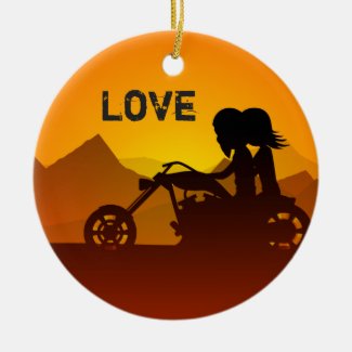 Personalized Motorcycle Couple at Sunset LOVE Ceramic Ornament