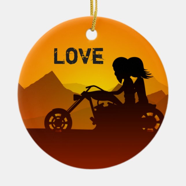 Personalized Motorcycle Couple at Sunset LOVE Ceramic Ornament (Front)