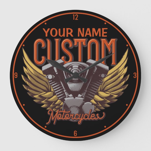  Personalized Motorcycle Eagle Wings Biker Garage Large Clock (Front)