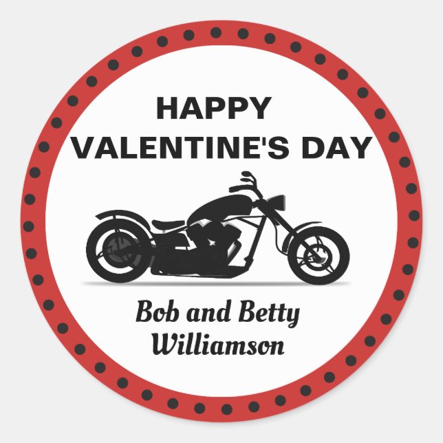 Personalized Motorcycle Happy Valentine's Day Classic Round Sticker (Front)