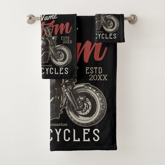 Personalized Motorcycle Rebel Cruiser Biker Garage Bath Towel Set (Insitu)