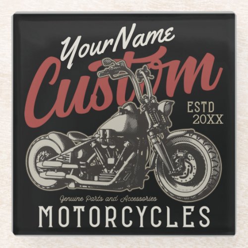 Personalized Motorcycle Rebel Cruiser Biker Garage Glass Coaster