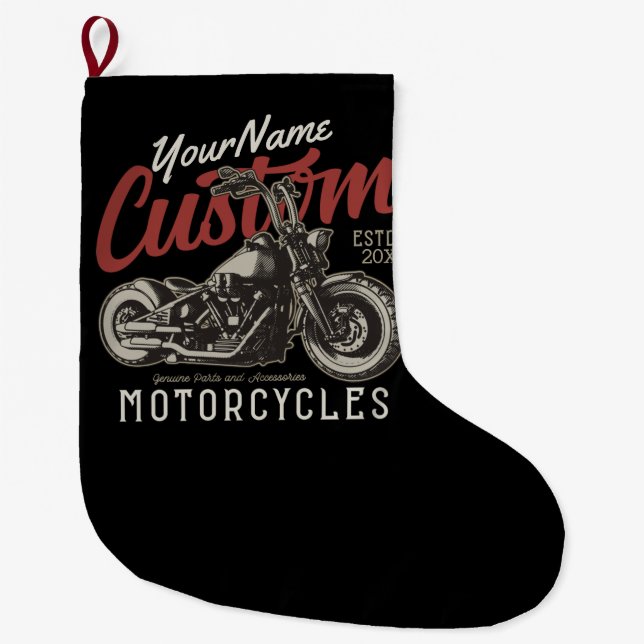 Personalized Motorcycle Rebel Cruiser Biker Garage Large Christmas Stocking (Front)