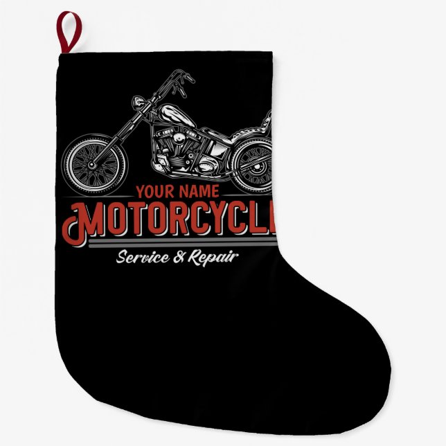 Personalized Motorcycle Service Biker Repair Shop Large Christmas Stocking (Front)