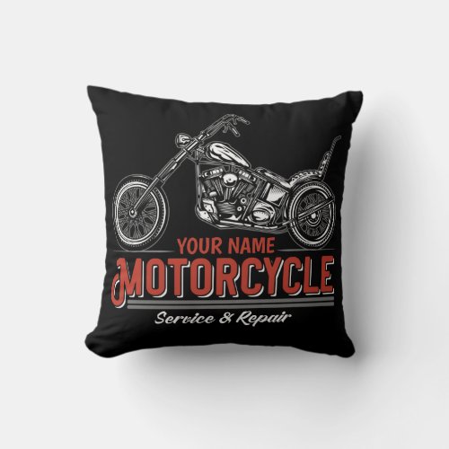 Personalized Motorcycle Service Biker Repair Shop Throw Pillow