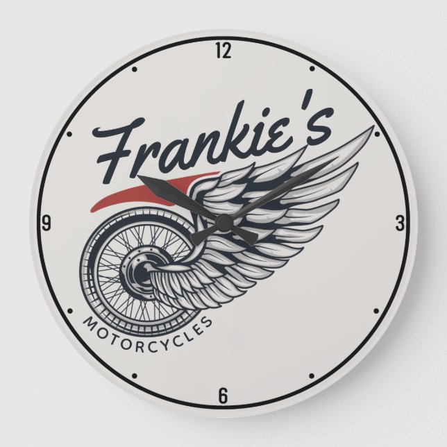 Personalized Motorcycles Flying Tire Biker Shop Large Clock (Front)