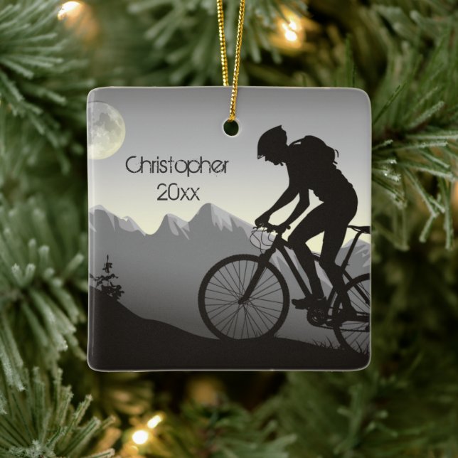 Personalized Mountain Bike Biking n Moon Christmas Ceramic Ornament (Tree)