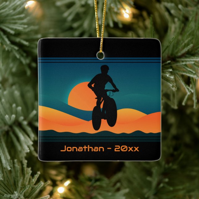 Personalized Mountain Bike Sunset Christmas Ceramic Ornament (Tree)