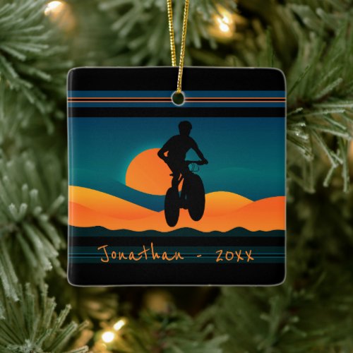 Personalized Mountain Bike Sunset Christmas Ceramic Ornament