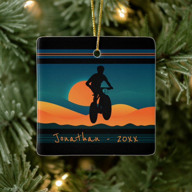 Personalized Mountain Bike Sunset Christmas Ceramic Ornament (Tree)