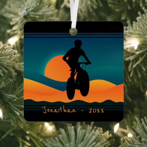 Personalized Mountain Bike Sunset Christmas Metal Ornament