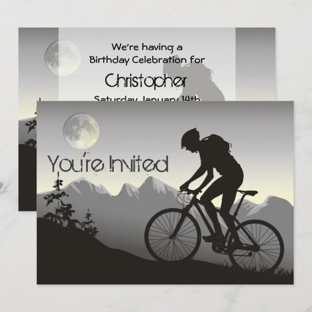 Personalized Mountain Biker and Moon Birthday Invitation (Front/Back)