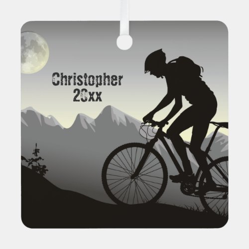 Personalized Mountain Biking Full Moon Christmas Metal Ornament