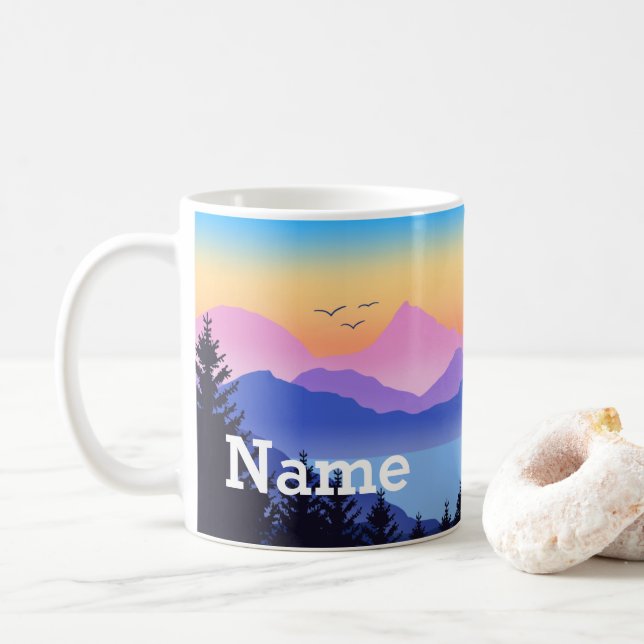 Personalized Mountain Lake Design Coffee Mug Cup (With Donut)