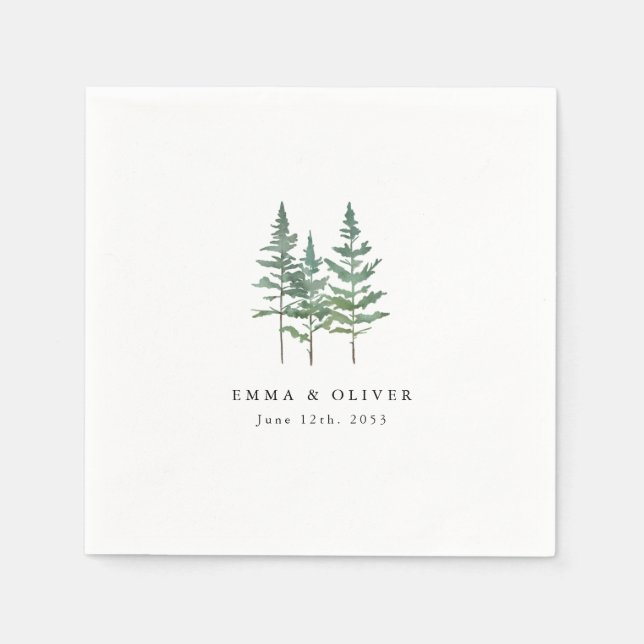 Personalized Mountain Lake Pine Tree Wedding Napkins (Front)