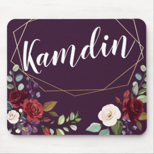 Personalized Mouse Pad Plum Purple Roses Gold Geom