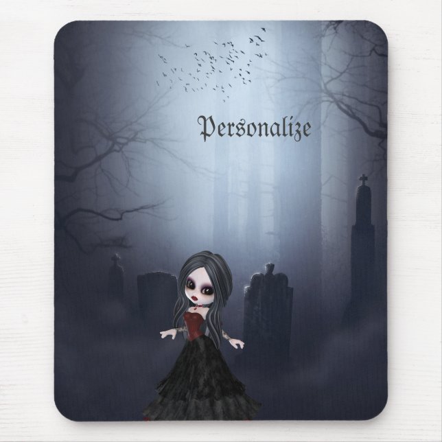Personalized Mousepad. Cute Goth Girl in Graveyard Mouse Pad (Front)