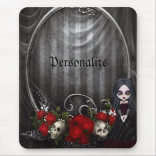Personalized Mousepad - Goth Girl, Skulls & Roses