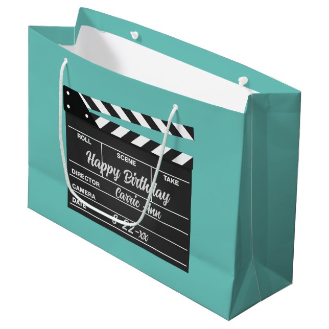 Personalized Movie Clapboard Aqua Large Gift Bag (Front Angled)