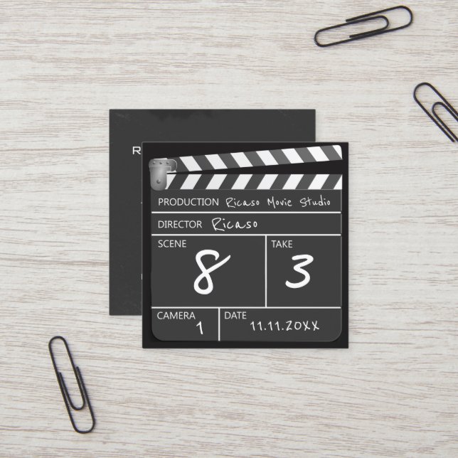 Personalized Movie Clapperboard Square Business Card (Front/Back In Situ)