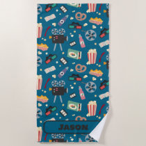 Personalized Movie Night Film Popcorn Pattern Beach Towel