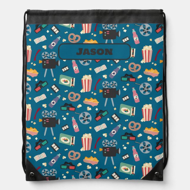 Personalized Movie Night Film Popcorn Pattern Drawstring Bag (Front)