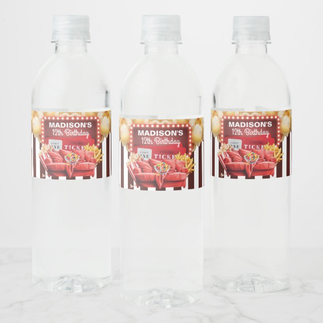 Personalized Movie Night Red Carpet Birthday Water Bottle Label (Bottles)