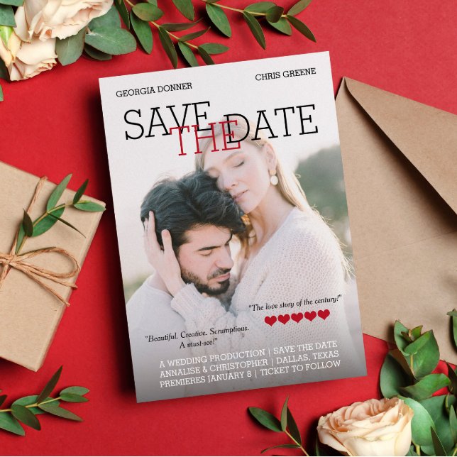 Personalized Movie Poster Red Hearts Save the Date