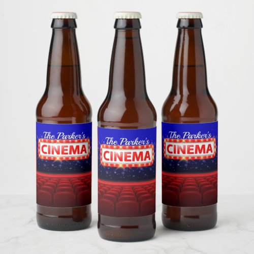 Personalized Movie Theater Cinema Family Room Beer Bottle Label