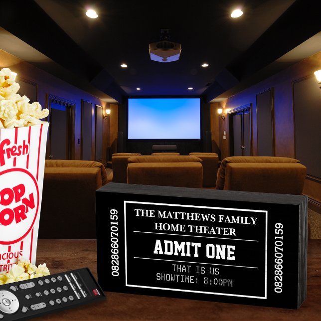 Personalized Movie Ticket Black Home Theater   Wooden Box Sign (This cute movie ticket wood box sign is the perfect addition to your home theater snack bar!)